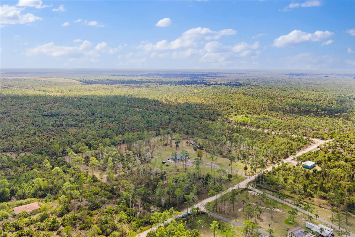 Aerial view of Golden Gate Estates acreage in eastern Collier County, homes on large wooded lots with no HOA